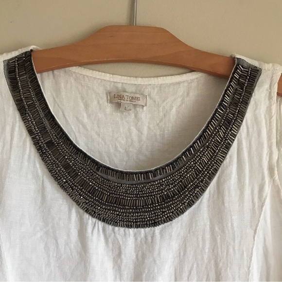 Made in Italy White Sleeveless Dress with Embellished Neckline and Pockets! - Picture 3 of 8